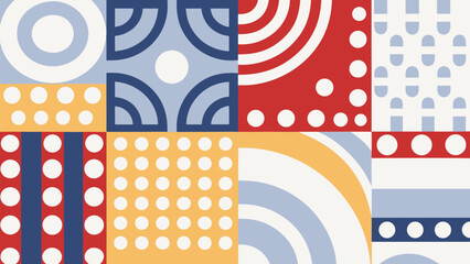 Vibrant scandinavian geometric poster design with arches and circles in red blue yellow and white © Hassaan