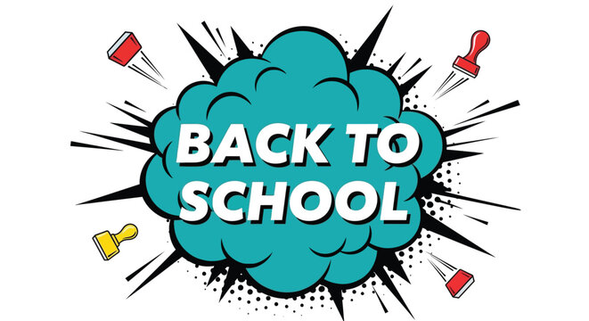 Back to school concept design featuring comic style cloud text element with various office stationery supplies arranged around for educational marketing campaigns.
