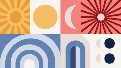 Vibrant abstract art of sun moon and rainbow shapes in geometric scandinavian style © Hassaan