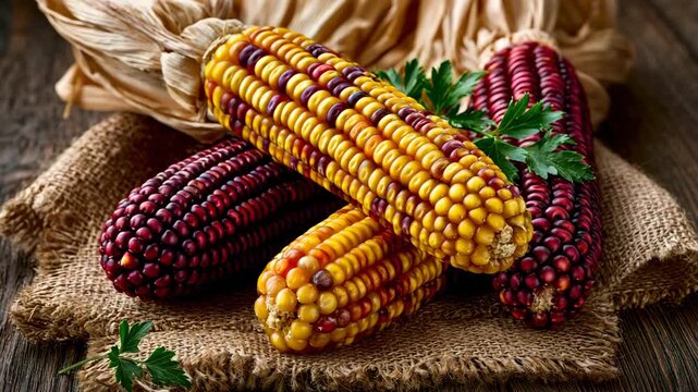 Colorful dried Indian corn cobs on rustic burlap cloth