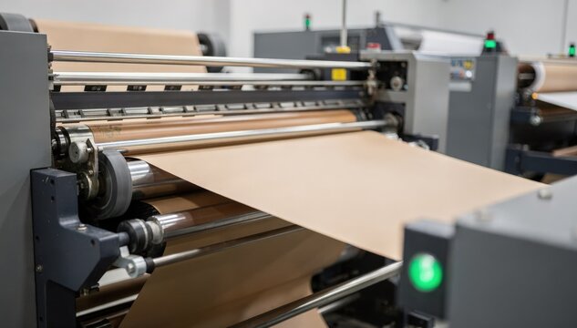 Focused medium shot of an energyefficient printing press distributing soy ink evenly on certified sustainable paper with the secondary details subtly out of focus.