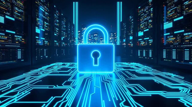 Cybersecurity data center with glowing padlock