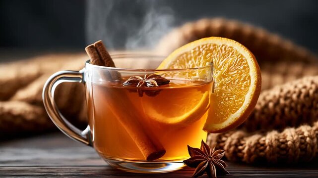 Hot spiced apple cider with cinnamon and orange in a mug