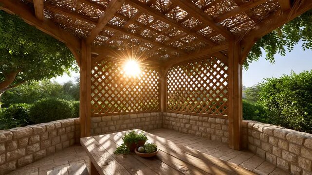 Sunlight through palm branch roof inside a wooden sukkah