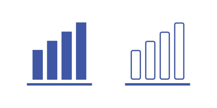 Rising bar graph set with solid and outline blue styles for business success and statistics.
