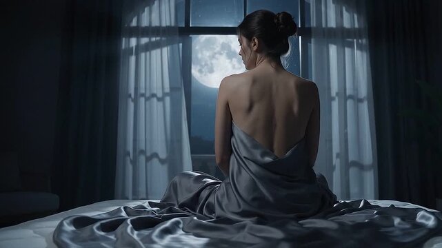 Rear view of a woman wrapped in silk sheet sitting on a mattress looking at a giant full moon through a window