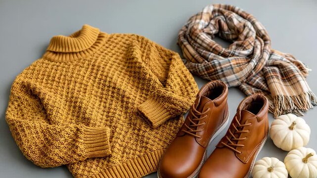 Autumn fashion flat lay with wool sweater, boots and scarf