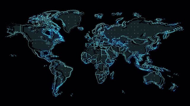 Abstract Glowing Neon World Map Digital Background Animation.