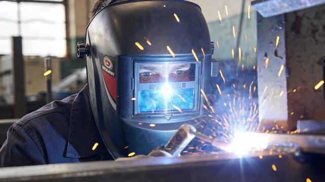 Lowering helmet, gloved welder gripping torch, striking arc and joining steel plates at metal shop