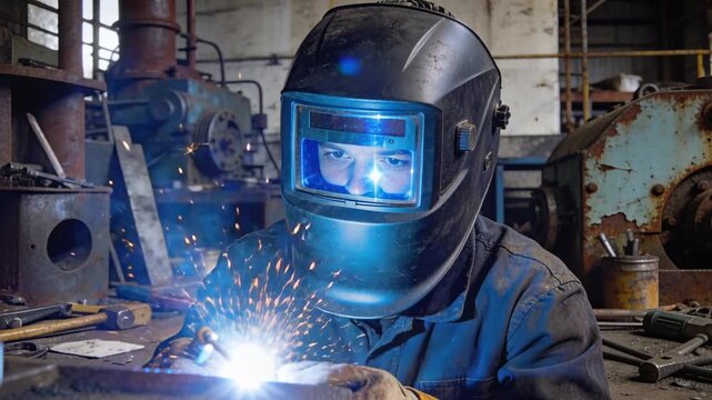 Leaning helmeted welder starting arc, checking torch, resuming arc to join seam in repair bay