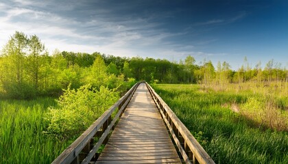 Fototapeta premium Wooden Boardwalk Trail Through Lush Green Wetland In Spring