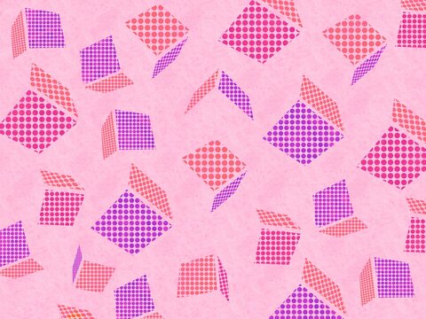 ピンクを背景にオレンジ色とピンクと紫色の丸模様でノートパソコンを表現した背景素材イラスト
