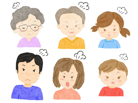 白バックに上半身の夫婦と姉弟と老夫婦が笑っている家族イラスト