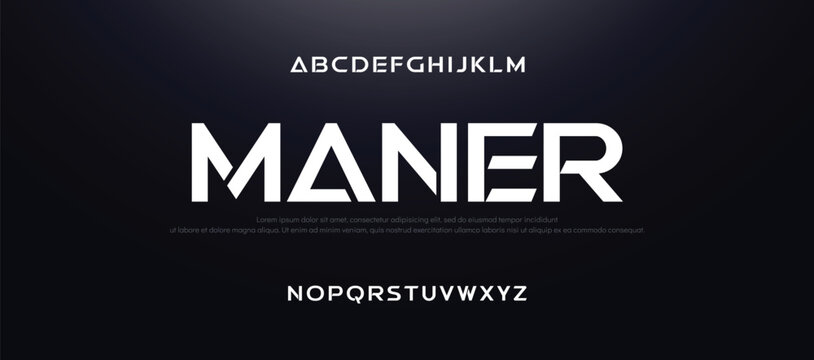 MANER Futuristic modern techno sci fi bold display stencil font, abstract geometric clean monospaced letter set typeface