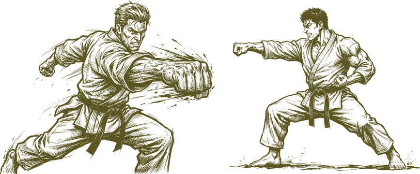 Karate martial arts fighters in combat stance throwing powerful punches in kimono clothing.