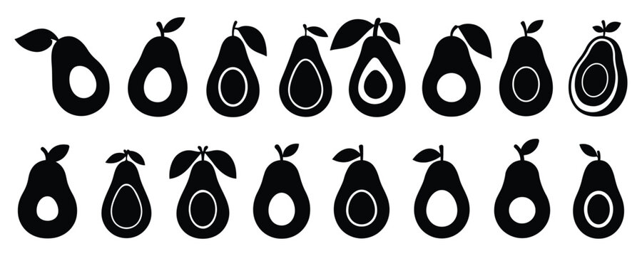 Collection of black pear and avocado silhouettes on white background for design