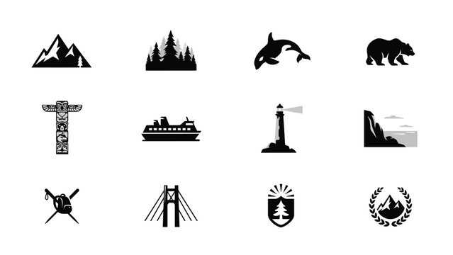 British columbia travel icons featuring regional landmarks and iconic canadian wildlife art.