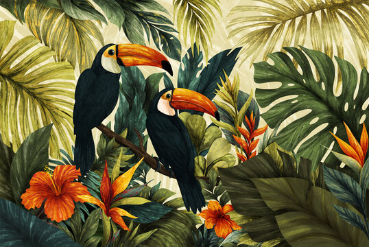 Tropical jungle background with toucans and exotic flowers