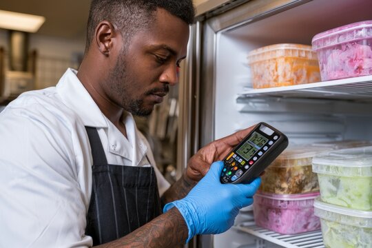 Restaurant worker checking fridge thermometer for food safety
