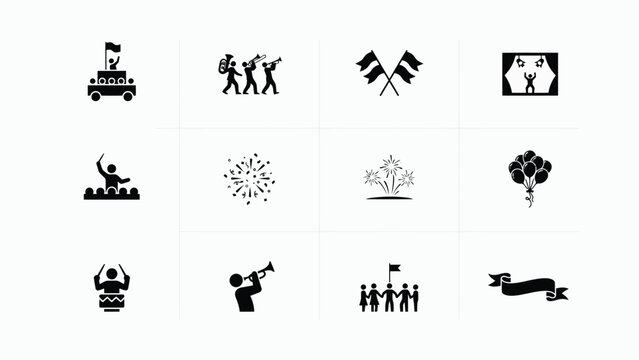 Festive celebration and party event icon collection featuring parades and performance.