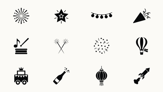 Festive party decoration icons set with fireworks balloons and celebration party supplies.