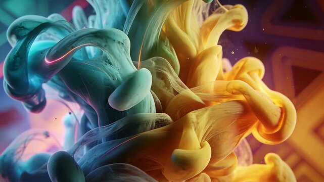 Advancing frames causing teal and orange viscous plumes pressing together in macro studio, tendrils