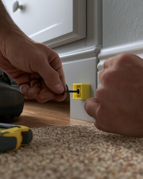 Hand tightening screw on anti-tip strap bracket behind dresser for child safety