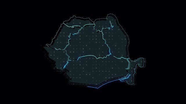 Digital abstract map of Romania with glowing light lines.