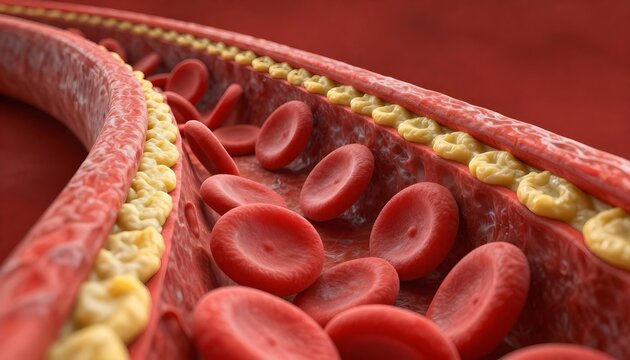 Close-up 3D render of red blood cells flowing through an artery with plaque buildup