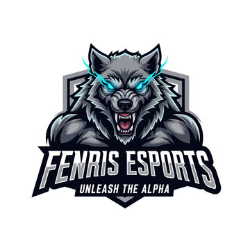 Fenris Esports Logo Fierce Wolf with Glowing Blue Eyes and Shield