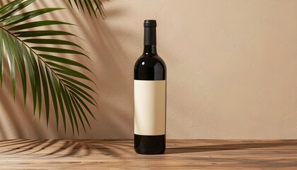 Fototapeta premium Dark wine bottle with blank label on wooden table, tropical leaf shadow