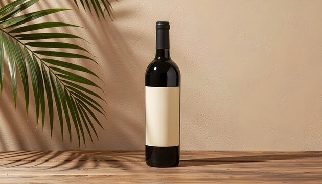Dark wine bottle with blank label on wooden table, tropical leaf shadow