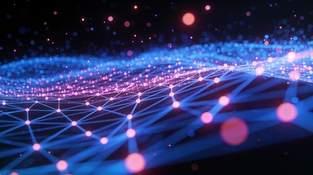 Undulating mesh sending pulsing light across void while left wave moving, showing data, pink nodes