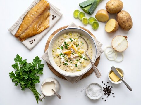 Close up texture of smoked haddock and cream soup on white background