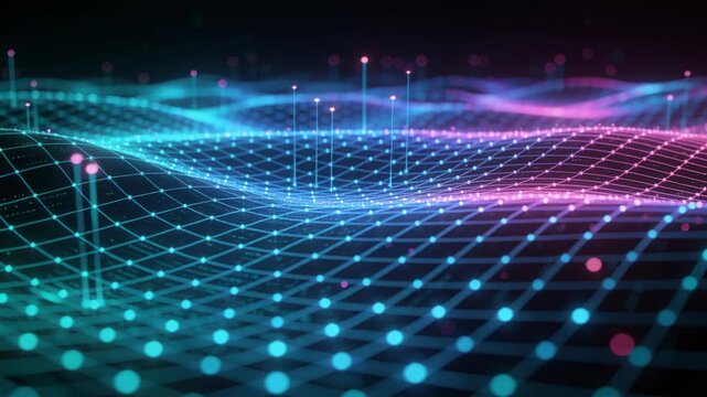 Flowing neon grid shifting after camera low view nodes pulsing pillars rising showing data in void