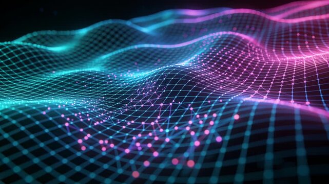 Unfolding neon wireframe mesh pulsing and rippling across dark landscape, simulating data flow