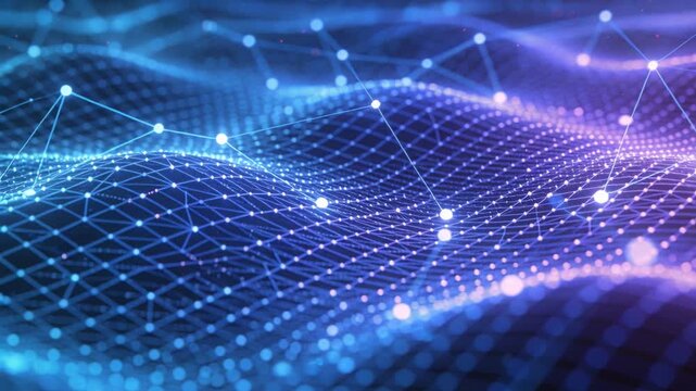Flowing wireframe mesh shifting in abstract 3D space, pulsing nodes, grid lines, blue-purple glow