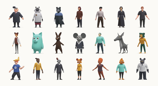 Diverse collection of cartoon people in varied outfits and poses across multiple figures.