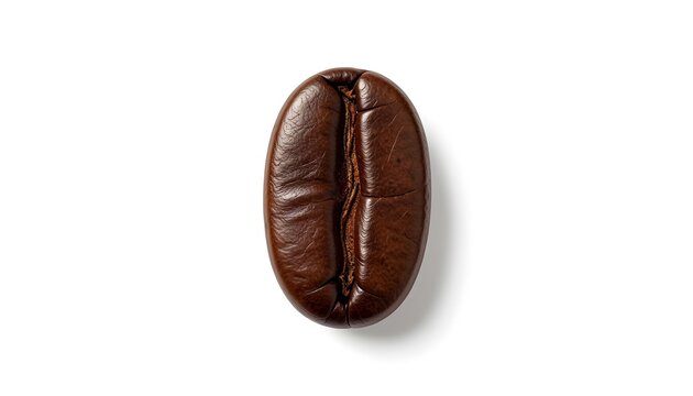 Single dark brown roasted coffee bean centered on a clean white background