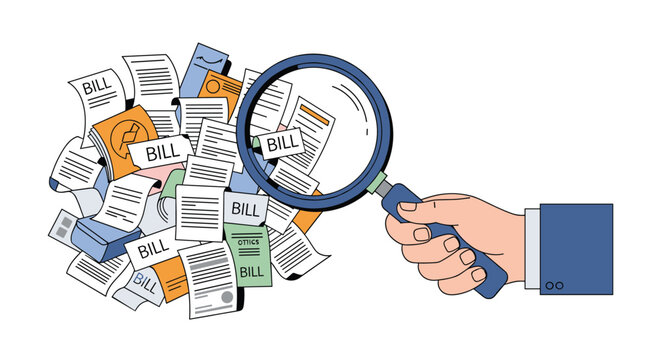 Concept of financial auditing or debt management showing a hand using a magnifying glass to inspect a large messy pile of unpaid bills.