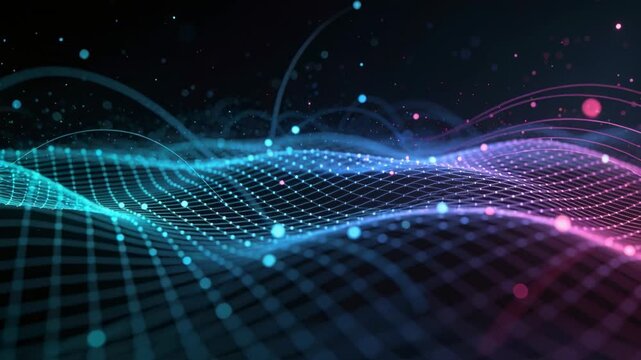 Undulating wireframe mesh moving from rear across void, pulsing nodes, orbs, simulating data flow