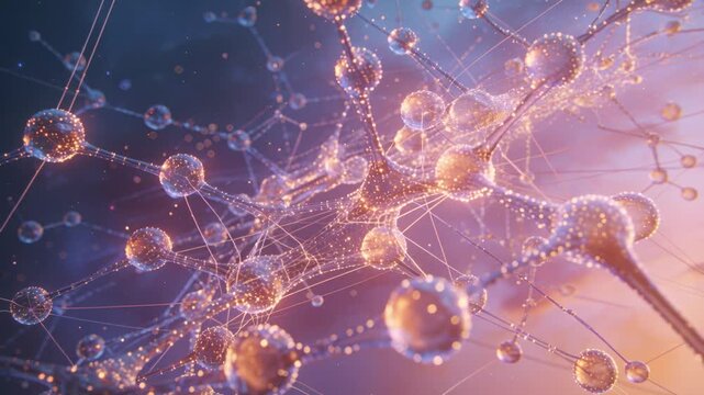 Shifting camera revealing richer detail of glass node filament web in close-up, with pulsing lights