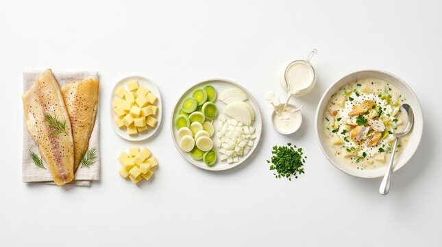 Linear infographic row of Cullen Skink soup ingredients on white background