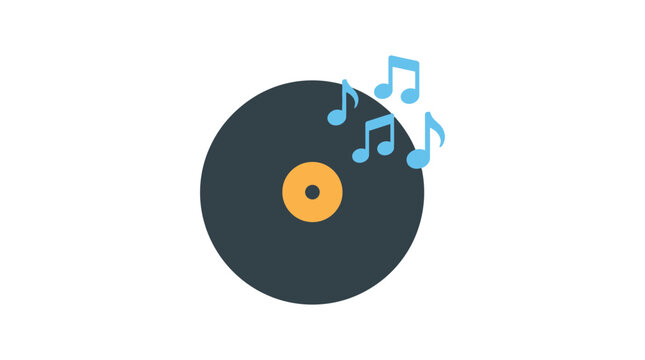 Music notes floating around a vinyl record in a lively scene