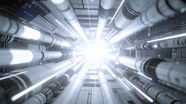 Moving camera starting low in shaft ascending to core during brightening, conduits pulsing LEDs
