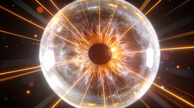 Brightening spherical orb emitting radial rays and ejecting sparks in dark studio, releasing energy