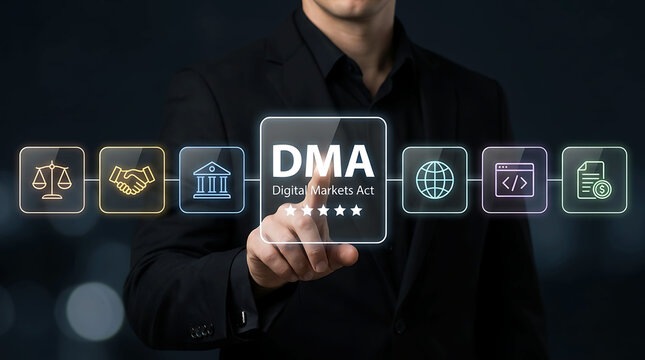 Businessman pointing at Digital Markets Act DMA concept virtual screen