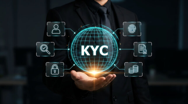 Businessman holding digital KYC globe for client verification concept