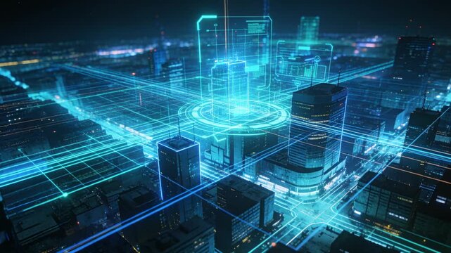 Signal starting AR map casting cyan grid over night city, lighting radar, marking tower to monitor