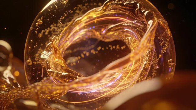 Swirling golden torus reacting to left ribbon sweeping inward in studio driving microbubbles inward